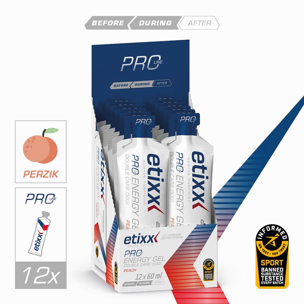 Etixx Pro Line Energy Gel Double Carb Perzik. Display met gels. 12 x 60 ml.