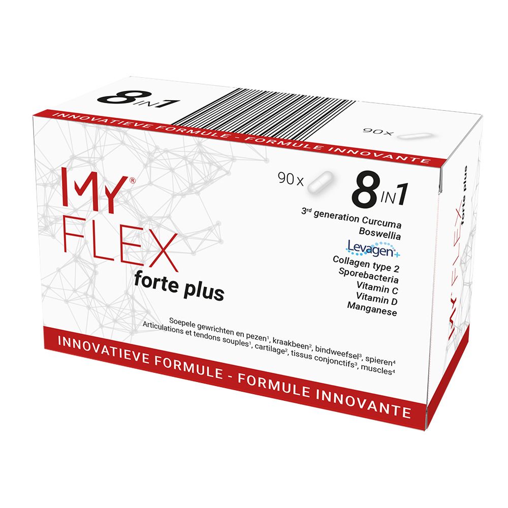 Boîte blanche avec texte rouge. Inscription : My Flex forte plus, 90 gélules, 8 en 1. Contient des ingrédients comme le curcuma et la vitamine C.