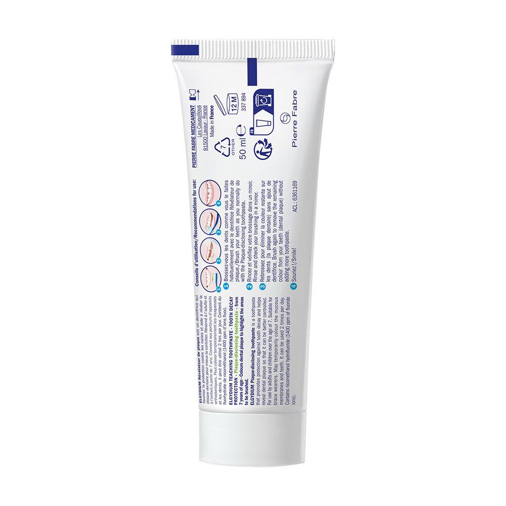 Rückseite der Zahncreme-Tube. Text und Symbole. 50 ml. Empfehlungen zur Verwendung. Pierre Fabre.
