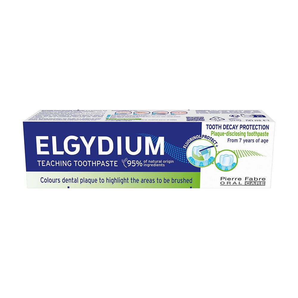 Zahncreme-Schachtel. Blau, weiß und grün. Text: ELGYDIUM, Teaching Toothpaste, Tooth Decay Protection. Ab 7 Jahren.