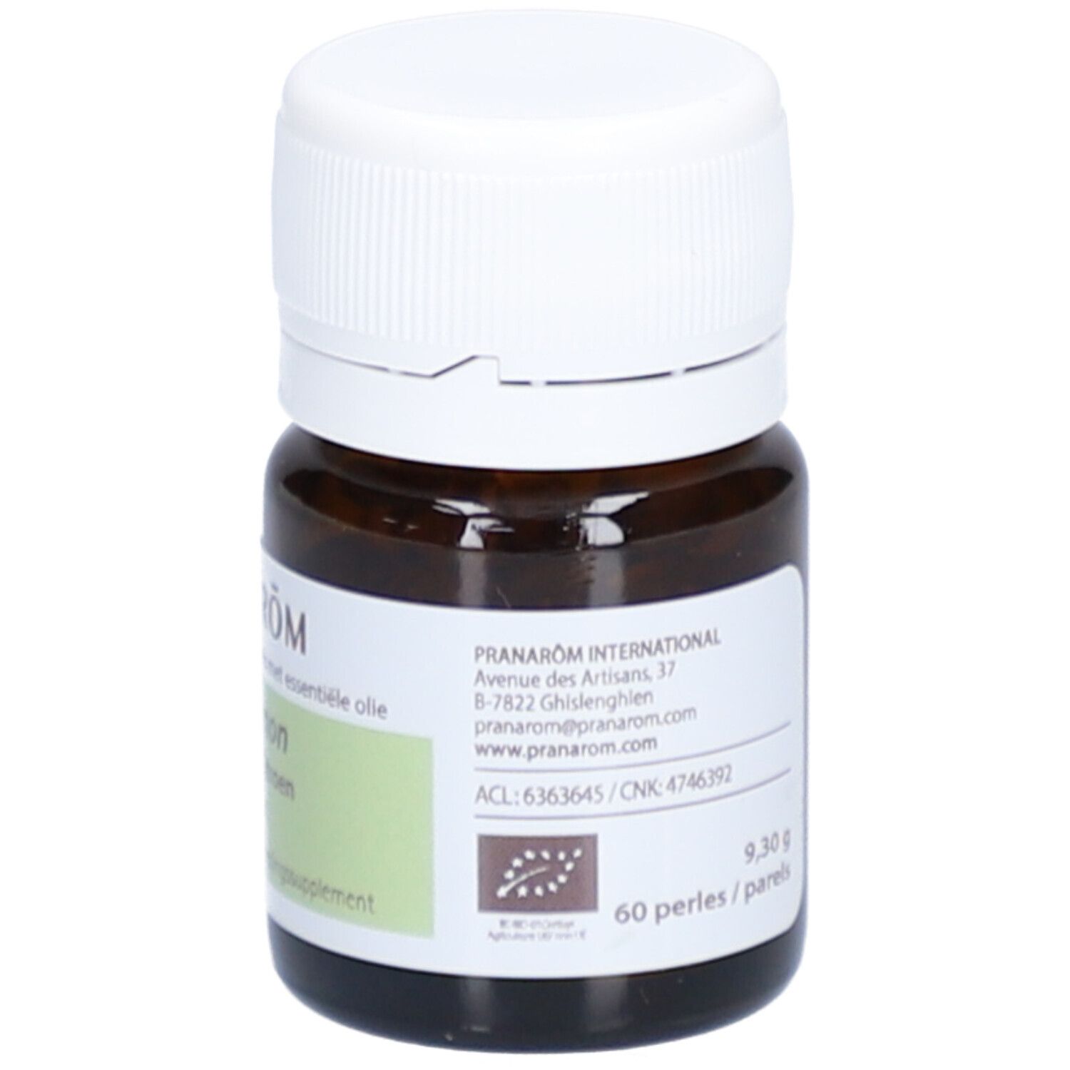 Flacon en verre brun avec bouchon blanc. Étiquette avec informations produit, label Bio et coordonnées.