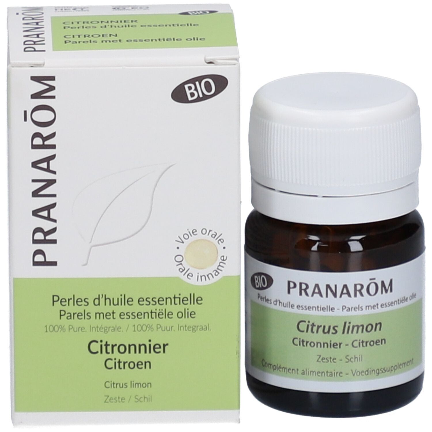 Flacon et emballage. Flacon avec bouchon blanc, emballage avec nom du produit et label Bio.