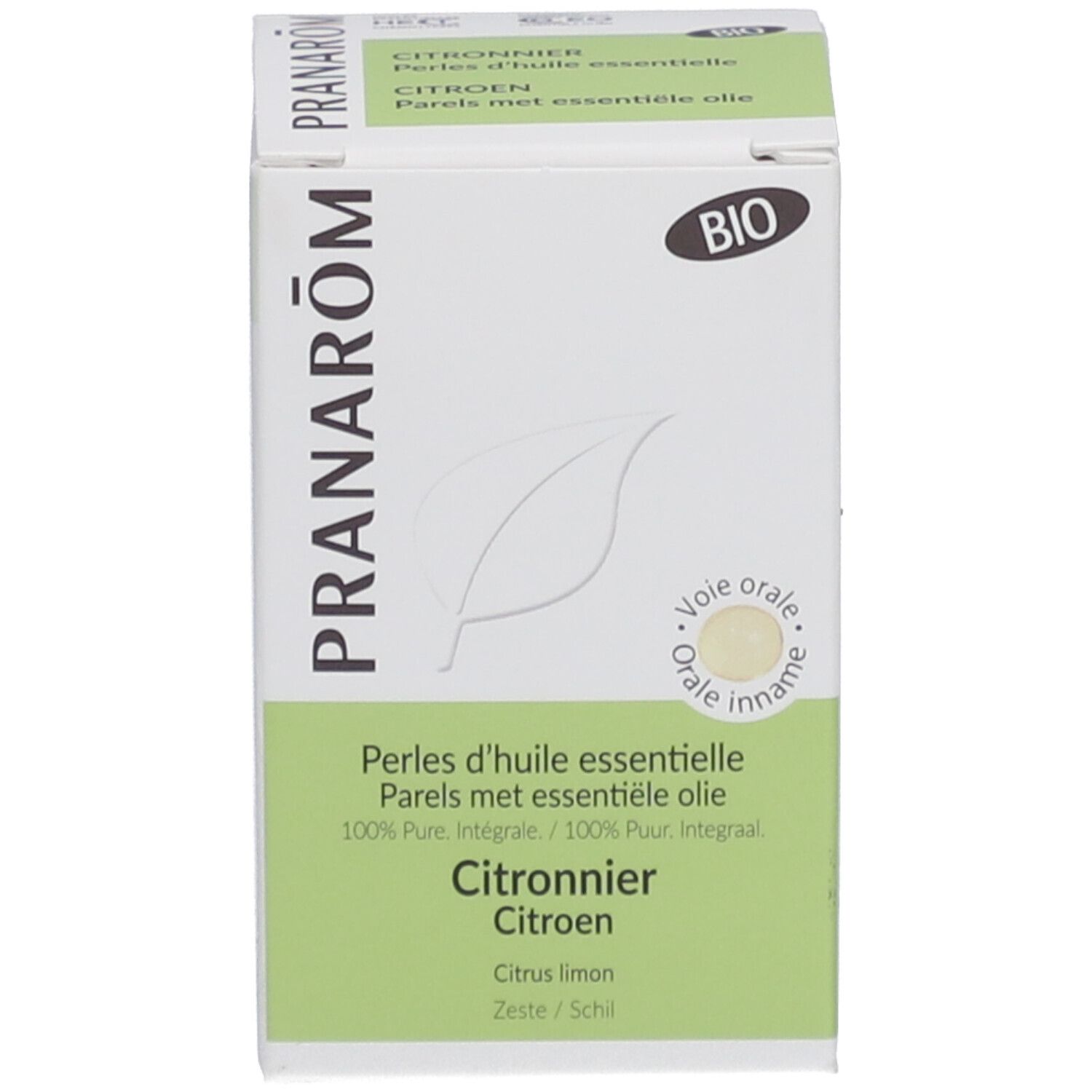 Emballage du produit. Boîte blanche avec nom du produit, label Bio et image d'une feuille.