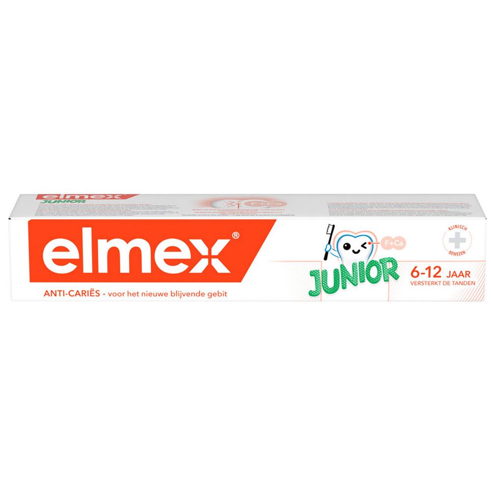 Tandpasta verpakking. Elmex Junior, 6-12 jaar. Anti-cariës. Witte tube met rode en groene tekst.