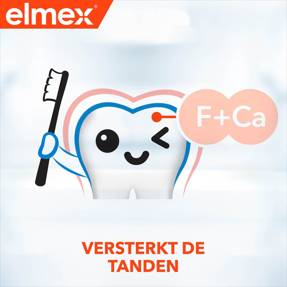 Tandmodel met rode zone. Elmex logo. Tekst: Helpt beschermen tegen cariës.