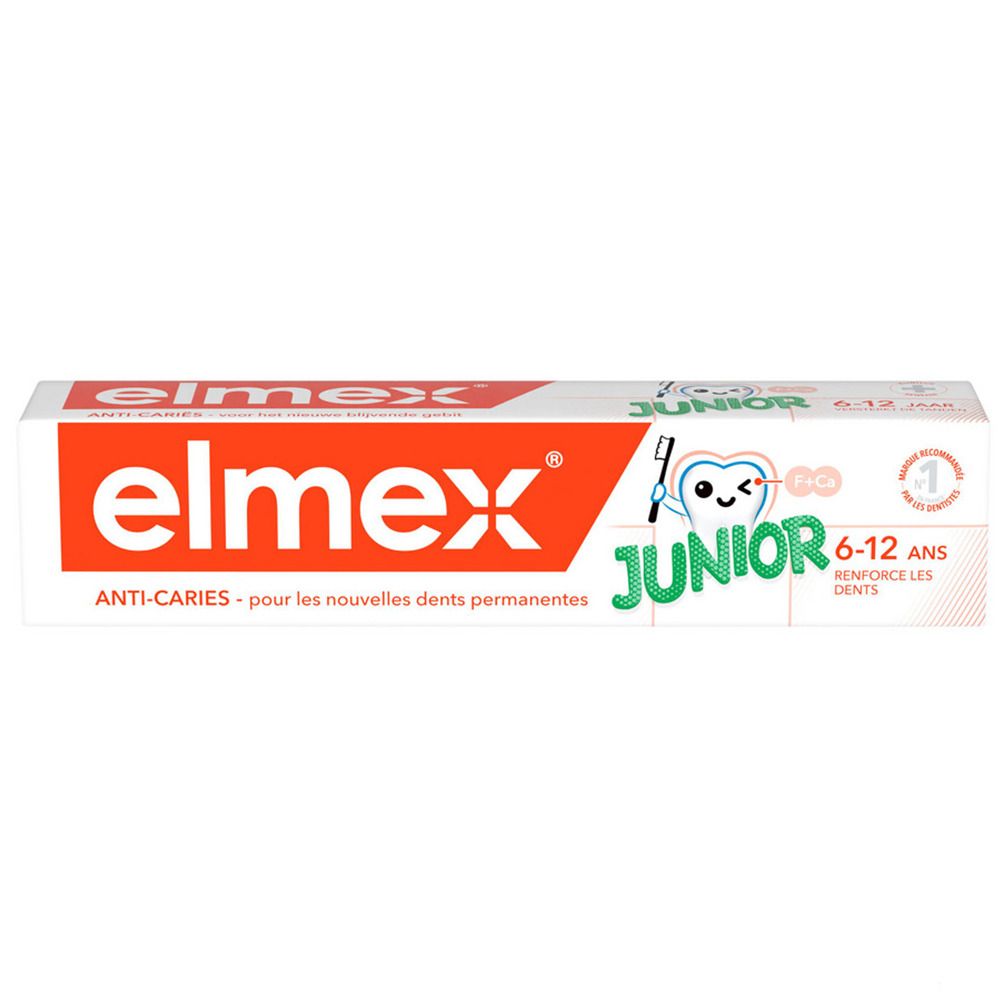 Tandpasta verpakking. Elmex Junior, 6-12 jaar. Anti-cariës. Witte tube met rode en groene tekst.