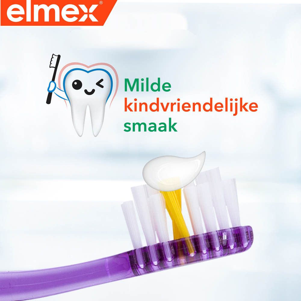 Tandenborstel met tandpasta op borstelharen. Elmex logo. Tekst: 1400 ppm fluoride, 0% kleurstof.