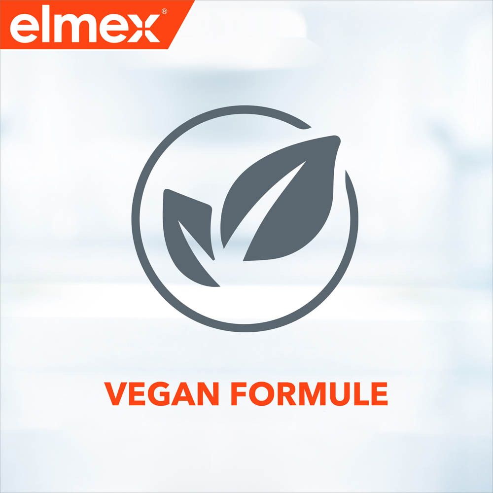 Kruis-symbool in cirkel. Elmex logo. Tekst: Klinisch bewezen.