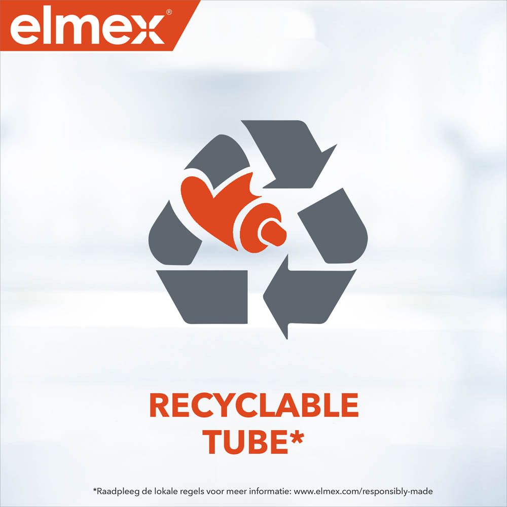 Wereldbol-symbool. Elmex logo. Tekst: Verantwoord geproduceerd.