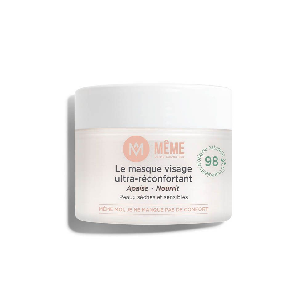 Pot blanc de masque visage MÊME. Texte: Le masque visage ultra-réconfortant, 98% d'ingrédients d'origine naturelle.