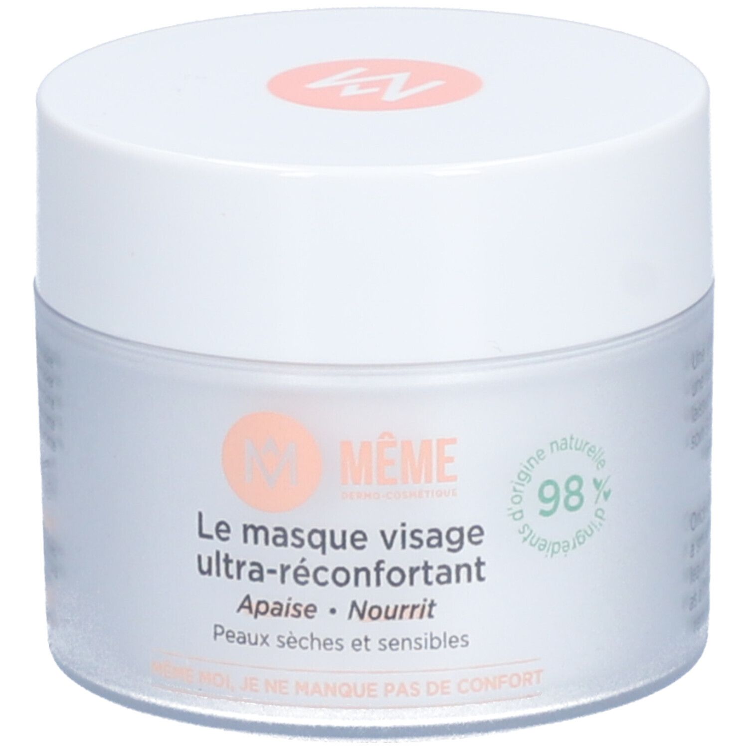 Pot blanc de masque visage MÊME. Texte: Le masque visage ultra-réconfortant, 98% d'ingrédients d'origine naturelle.