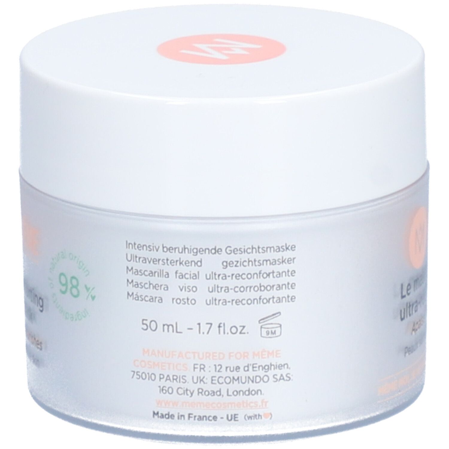 Dos du pot de masque visage MÊME. Texte: Intensiv beruhigende Gesichtsmaske, 50 ml, 98% ingrédients d'origine naturelle.