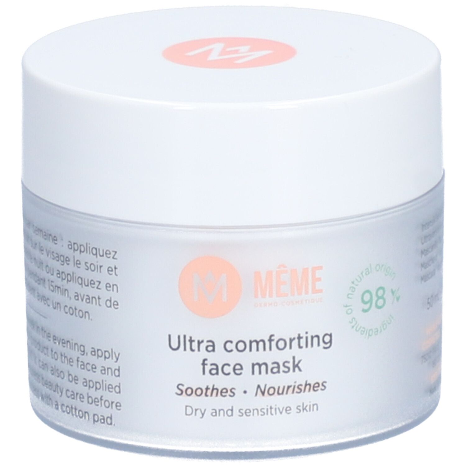 Pot blanc de masque visage MÊME. Texte: Ultra comforting face mask, 98% ingrédients d'origine naturelle.