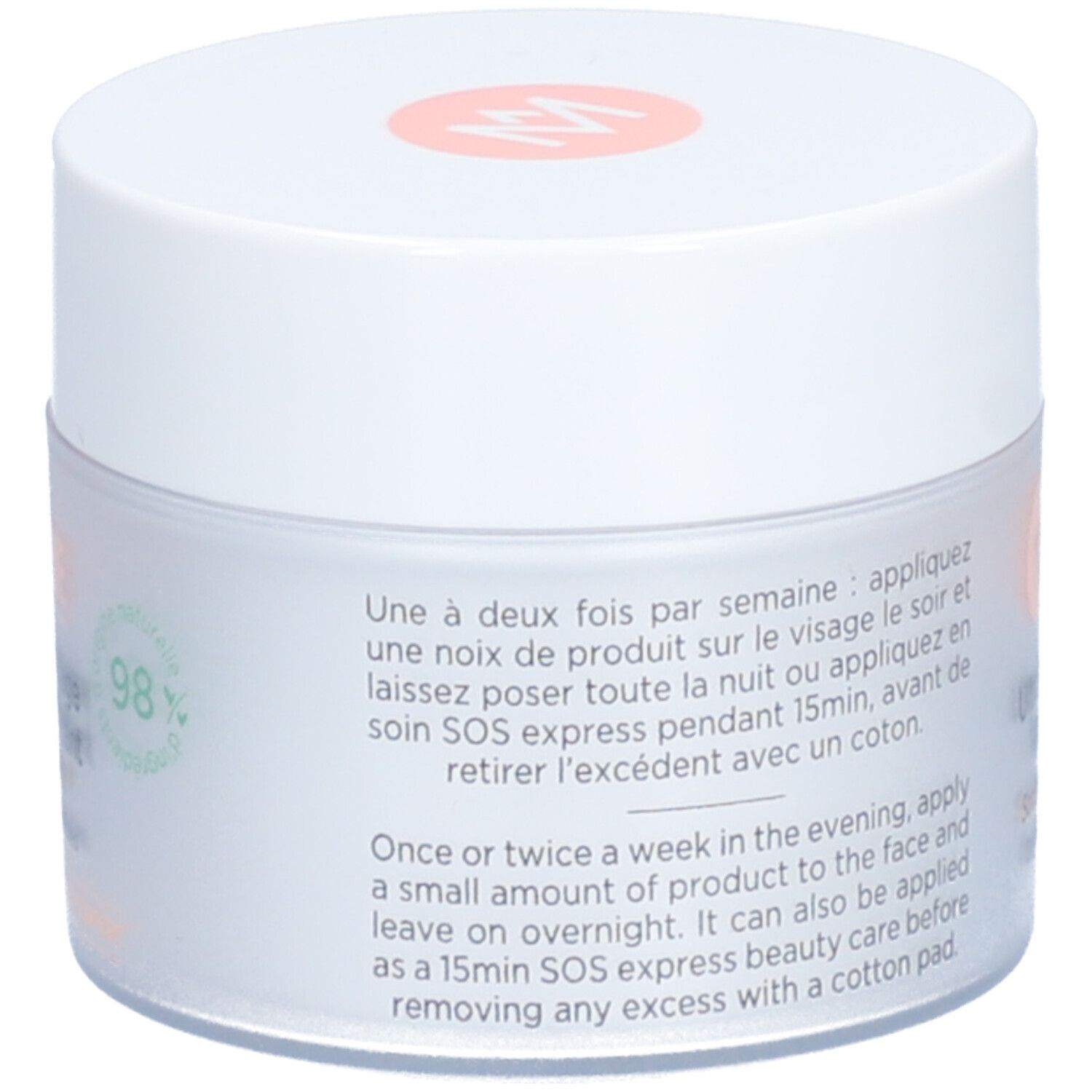 Dos du pot de masque visage MÊME. Texte: Instructions d'utilisation, 98% ingrédients d'origine naturelle.