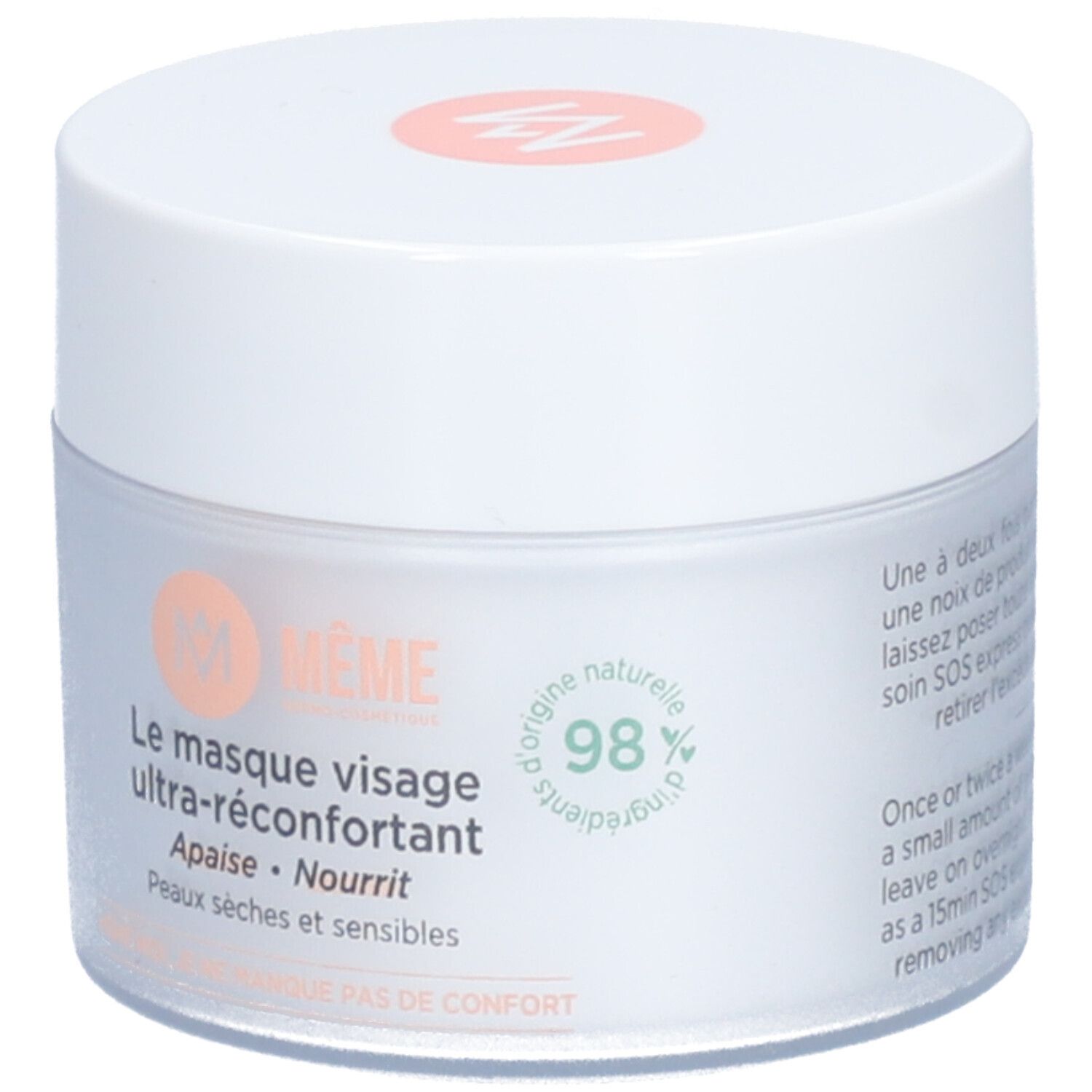 Pot blanc de masque visage MÊME. Texte: Le masque visage ultra-réconfortant, 98% d'ingrédients d'origine naturelle.