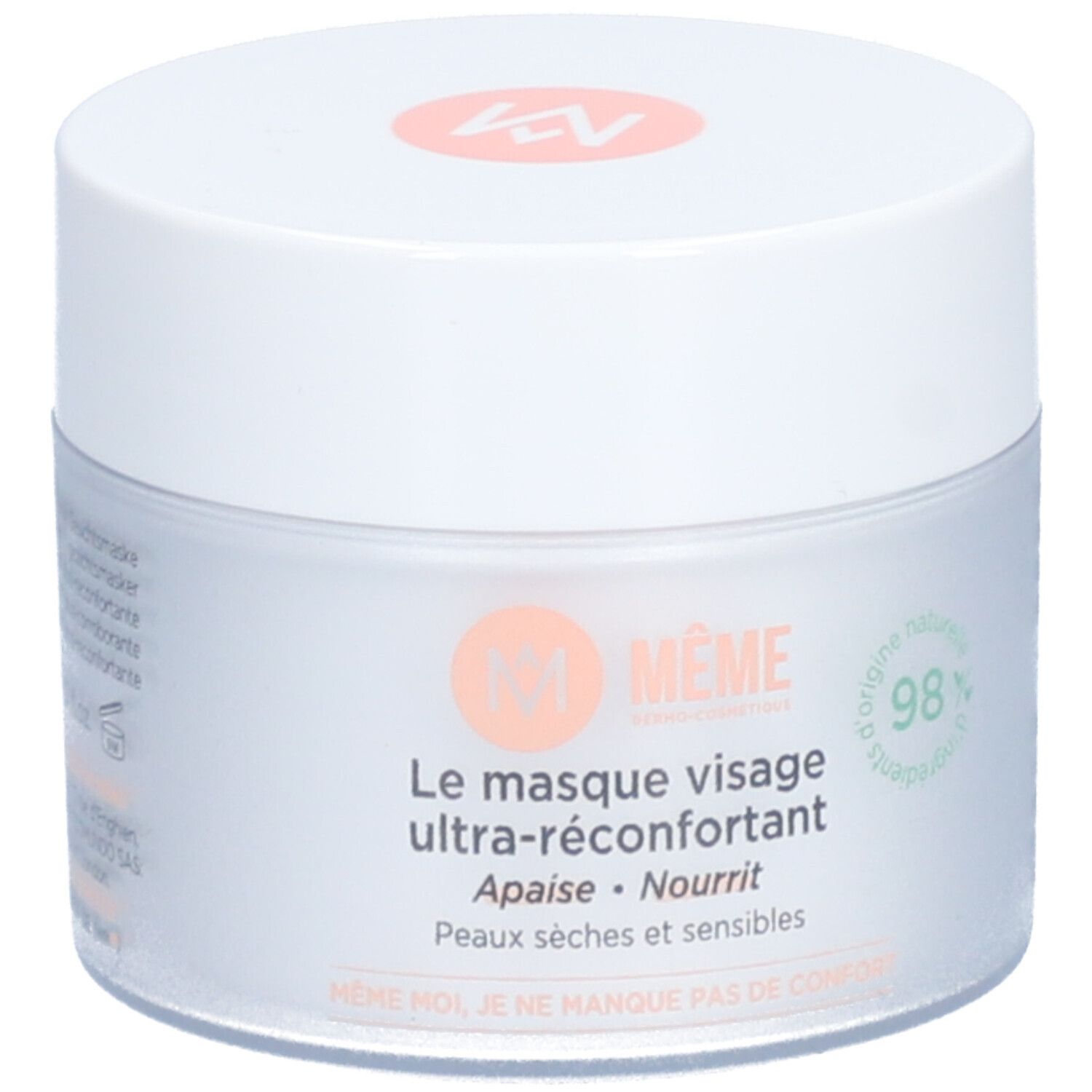 Pot blanc de masque visage MÊME. Texte: Le masque visage ultra-réconfortant, 98% d'ingrédients d'origine naturelle.