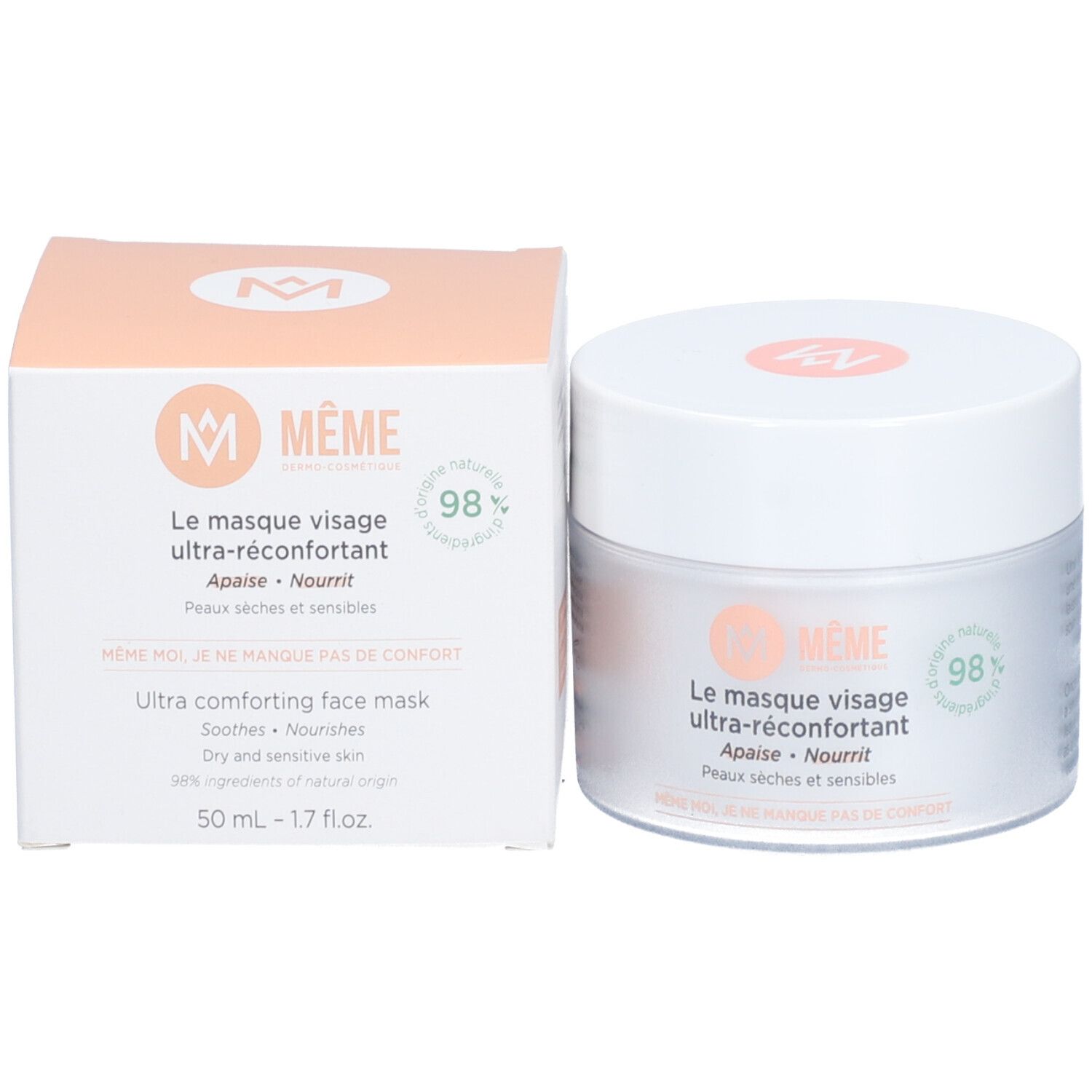 Masque visage MÊME et emballage. Texte: Le masque visage ultra-réconfortant, Ultra comforting face mask, 98% ingrédients d'origine naturelle.
