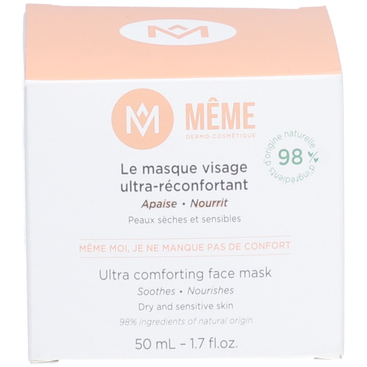 Emballage du masque visage MÊME. Texte: Le masque visage ultra-réconfortant, Ultra comforting face mask, 98% ingrédients d'origine naturelle.