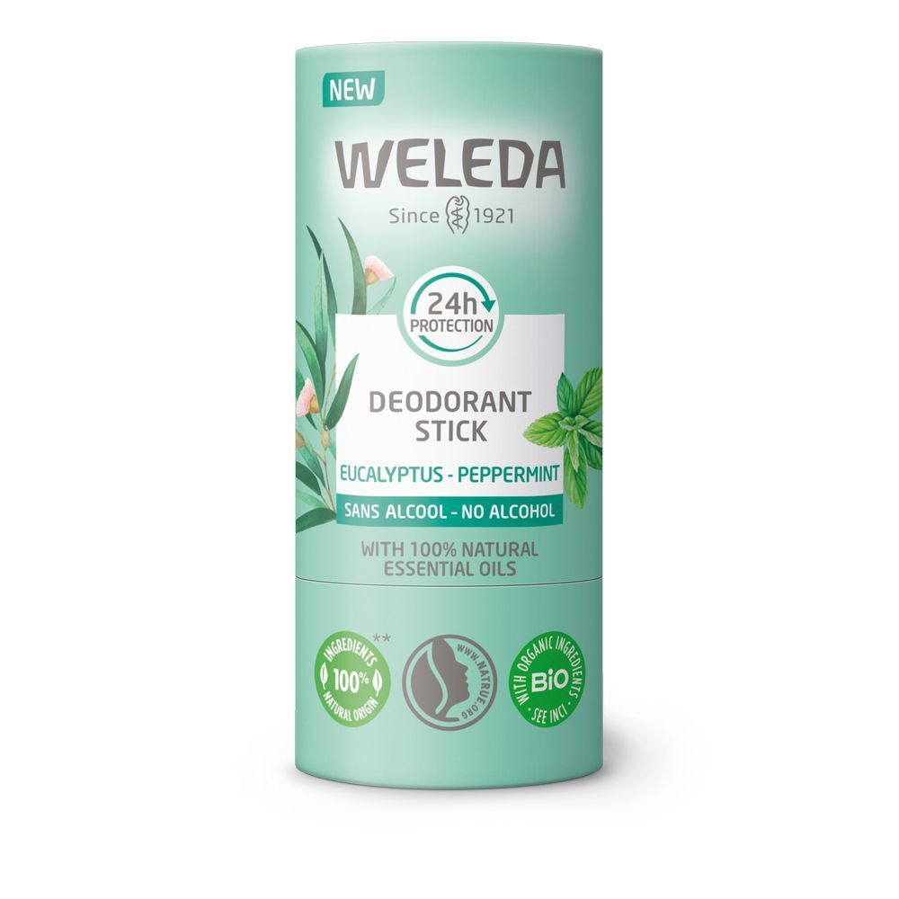 Emballage cylindrique de déodorant stick vert menthe. Inscription: WELEDA, protection 24H, Eucalyptus-Menthe poivrée, sans alcool. Avec label bio.