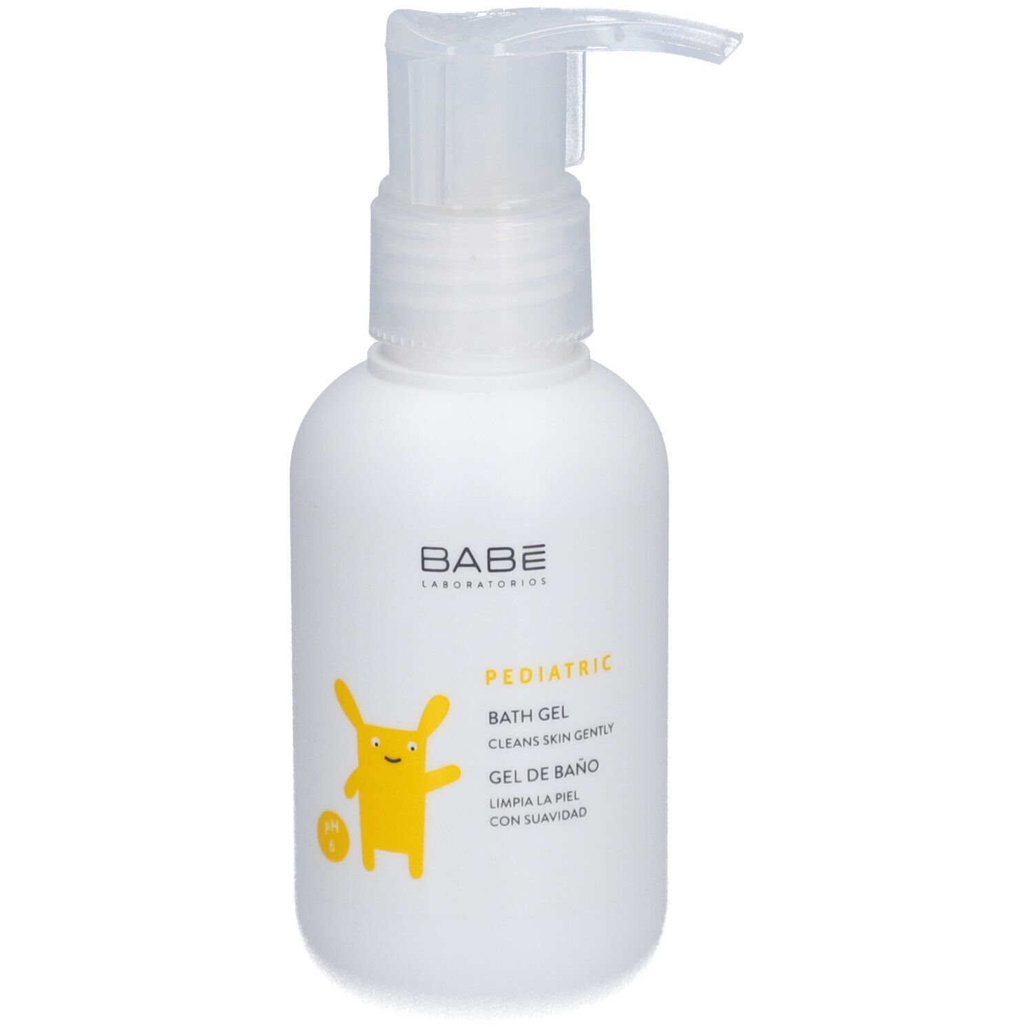 Witte fles met pomp. Opschrift: BABÉ, PEDIATRIC, BATH GEL, GEL DE BAÑO. Geel cartoonfiguur.