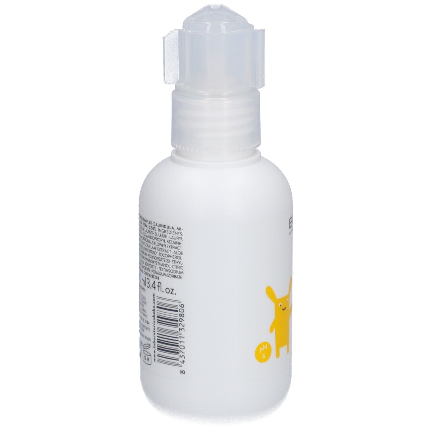 Witte fles met pomp. Tekst en geel cartoonfiguur op de zijkant. Bevat 3.4 fl.oz.