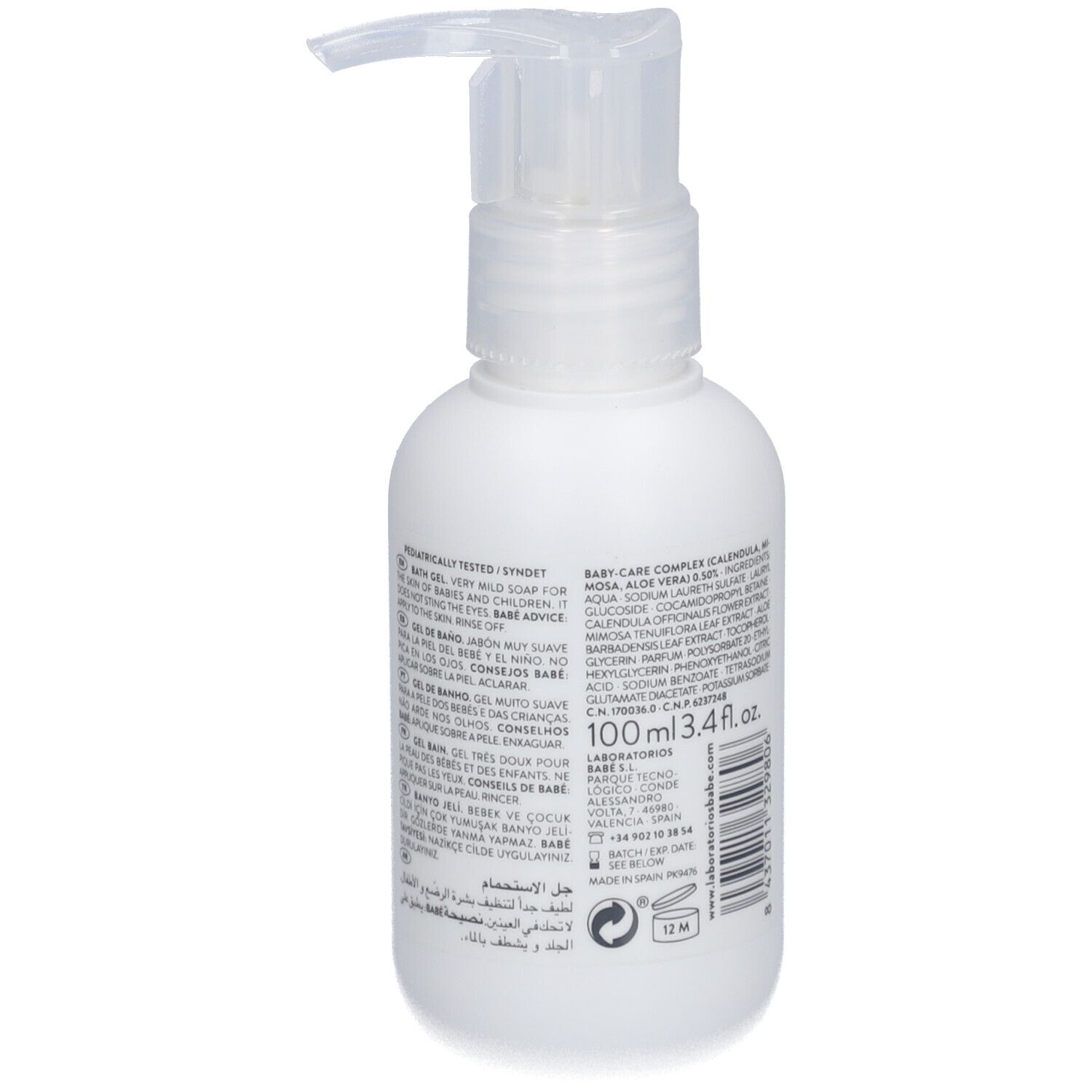 Witte fles met pomp. Achterkant met tekst. Bevat 100 ml. Met een 12M-symbool.