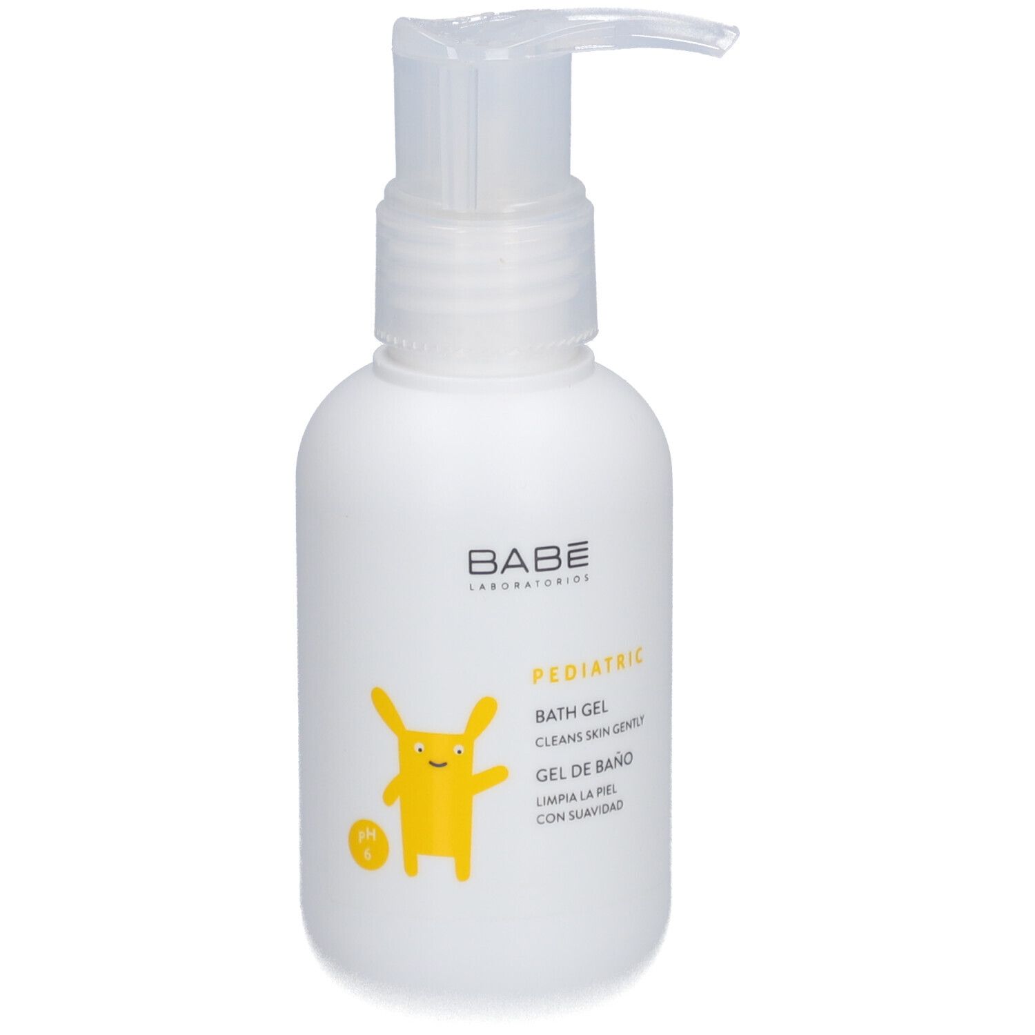 Witte fles met pomp. Opschrift: BABÉ, PEDIATRIC, BATH GEL, GEL DE BAÑO. Geel cartoonfiguur.