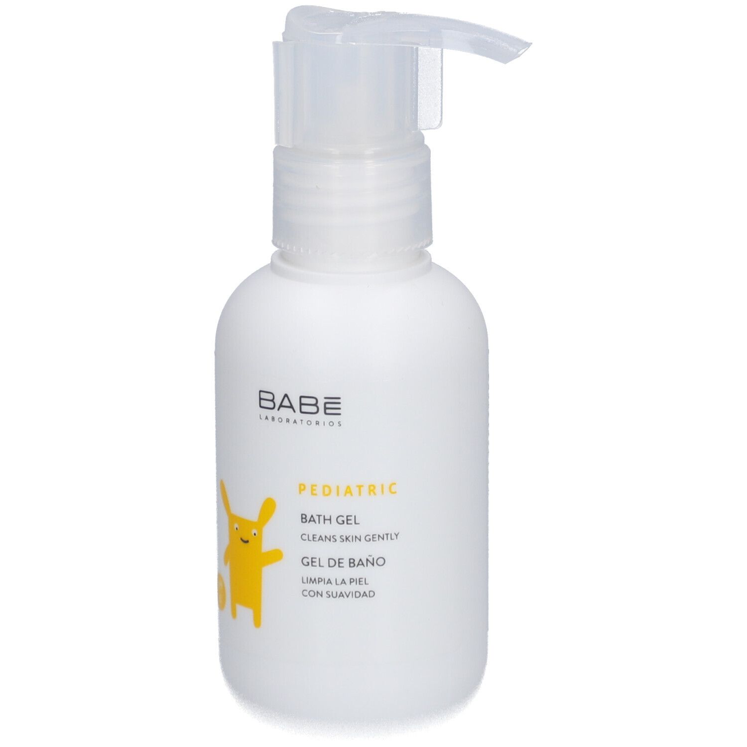 Witte fles met pomp. Opschrift: BABÉ, PEDIATRIC, BATH GEL, GEL DE BAÑO. Geel cartoonfiguur.