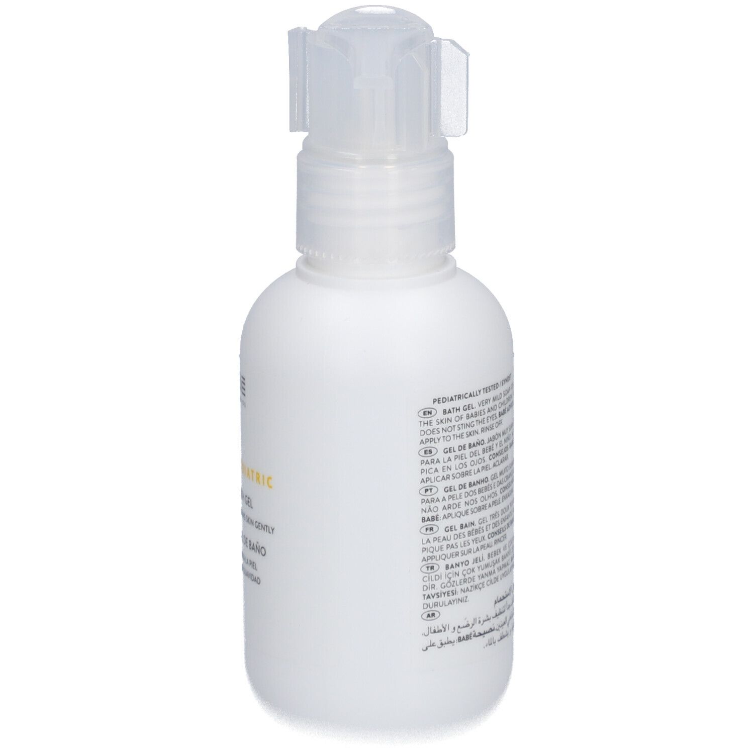 Witte fles met pomp. Opschrift: PEDIATRIC, BATH GEL, GEL DE BAÑO. Tekst op de zijkant.
