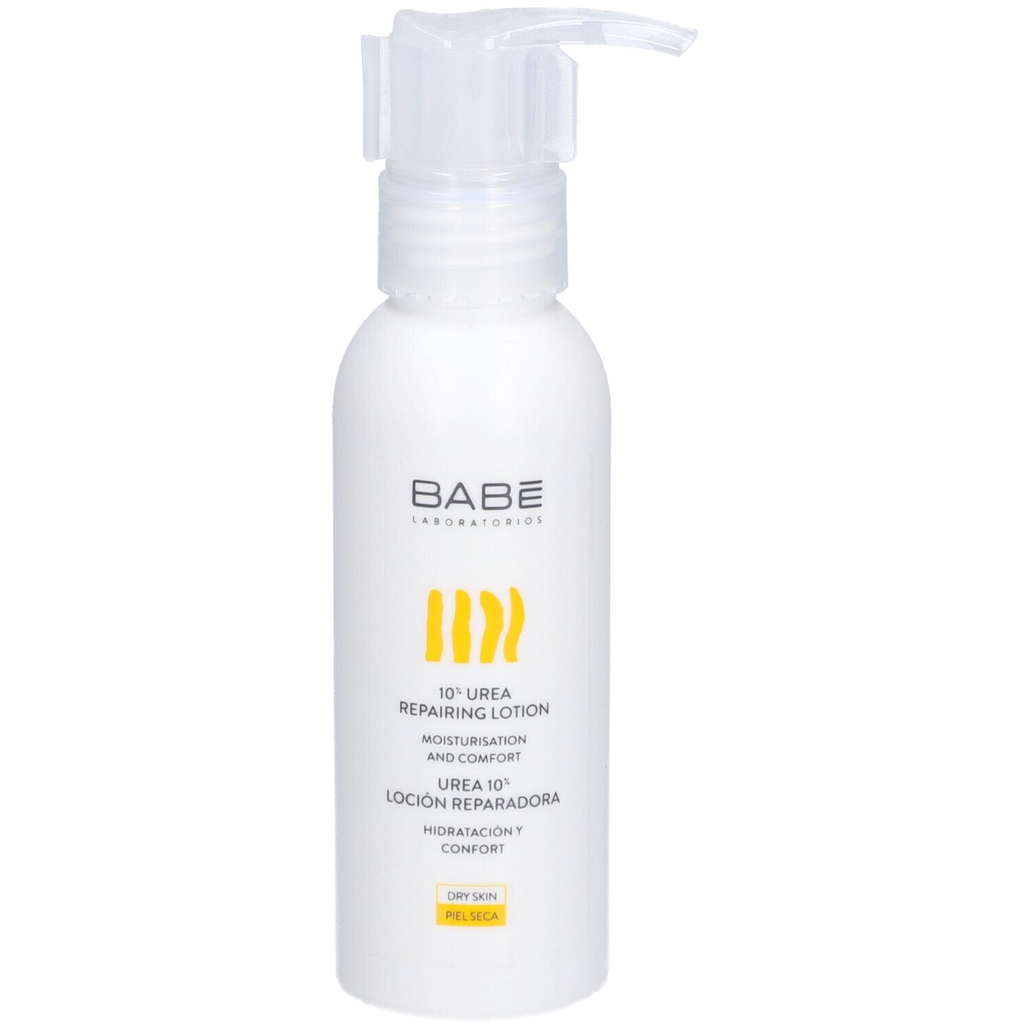 Flacon blanc avec pompe doseuse. Inscription: BABÉ, 10% Urea Repairing Lotion.