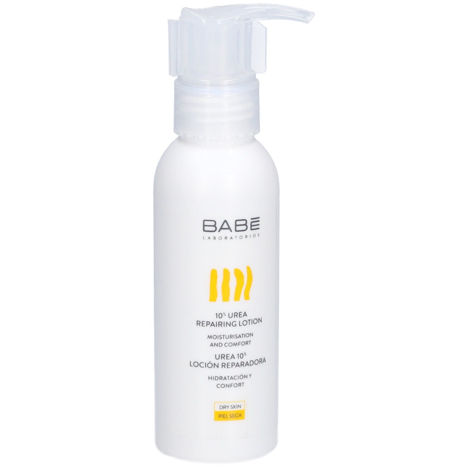 Flacon blanc avec pompe doseuse. Inscription: BABÉ, 10% Urea Repairing Lotion.