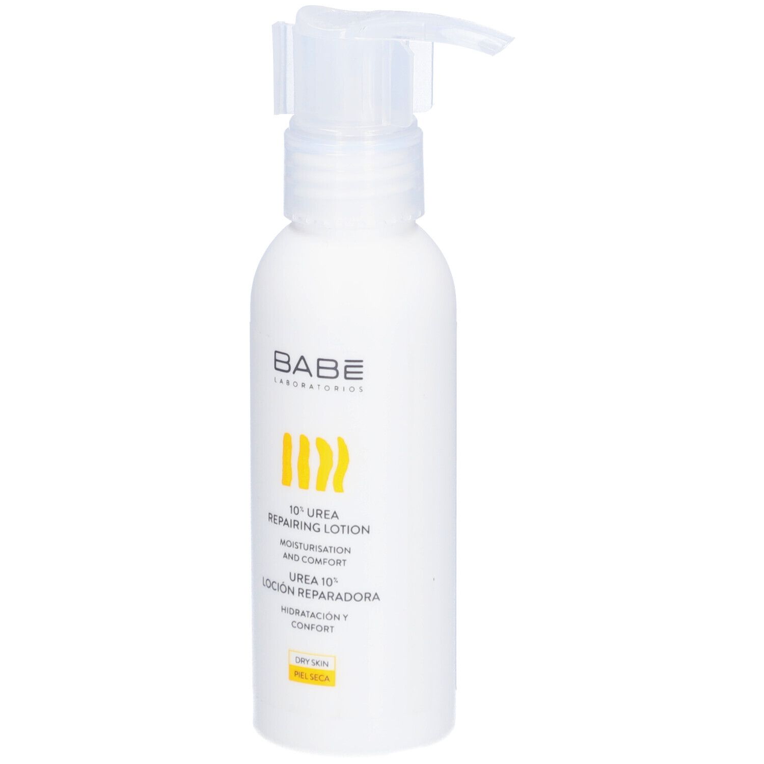 Flacon blanc avec pompe doseuse. Inscription: BABÉ, 10% Urea Repairing Lotion.
