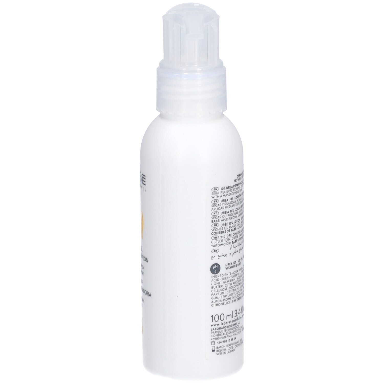 Flacon blanc avec bouchon transparent. Inscriptions et indication de volume.