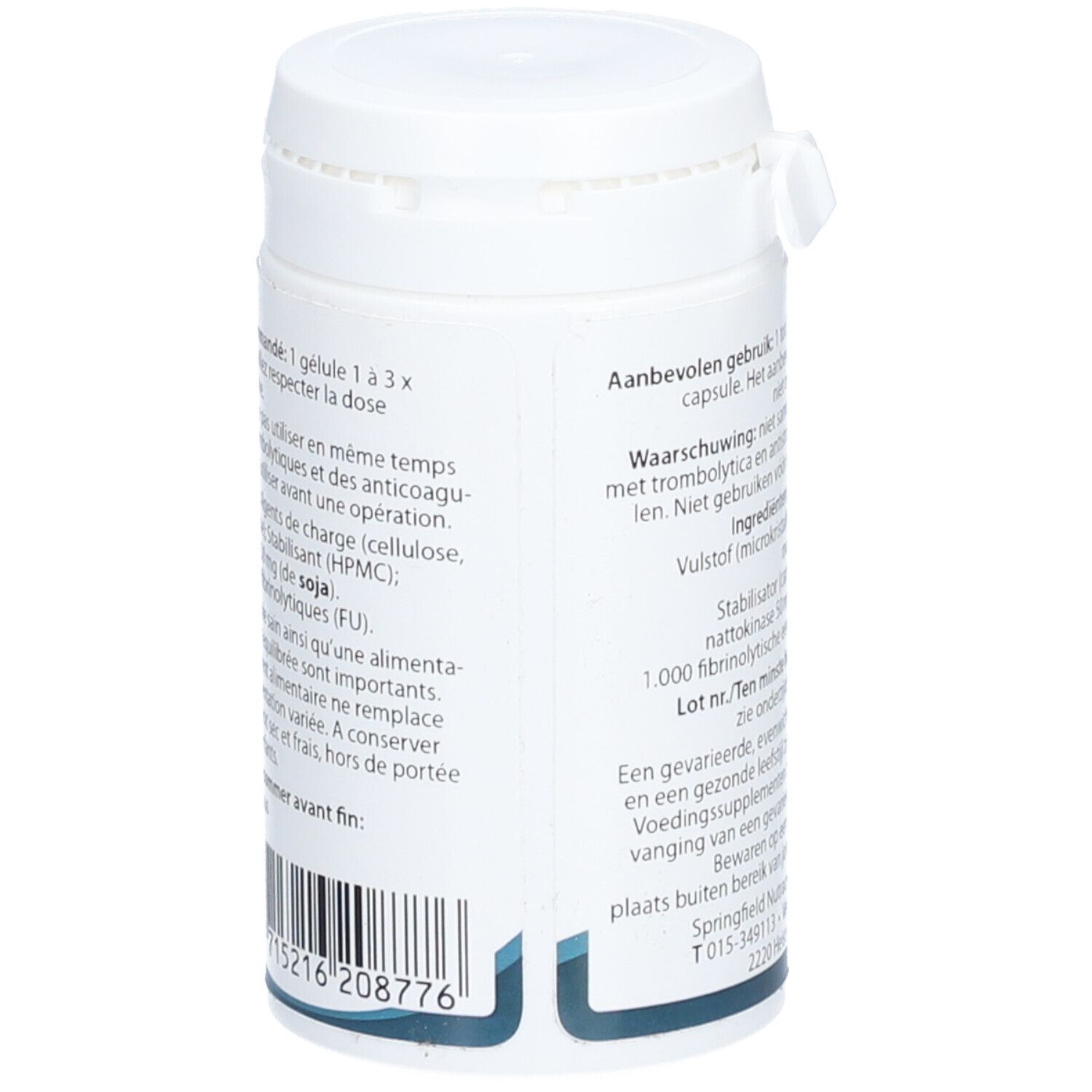 Weiße Dose mit Informationen zu Inhaltsstoffen, Dosierung und Warnhinweisen. Barcode unten.