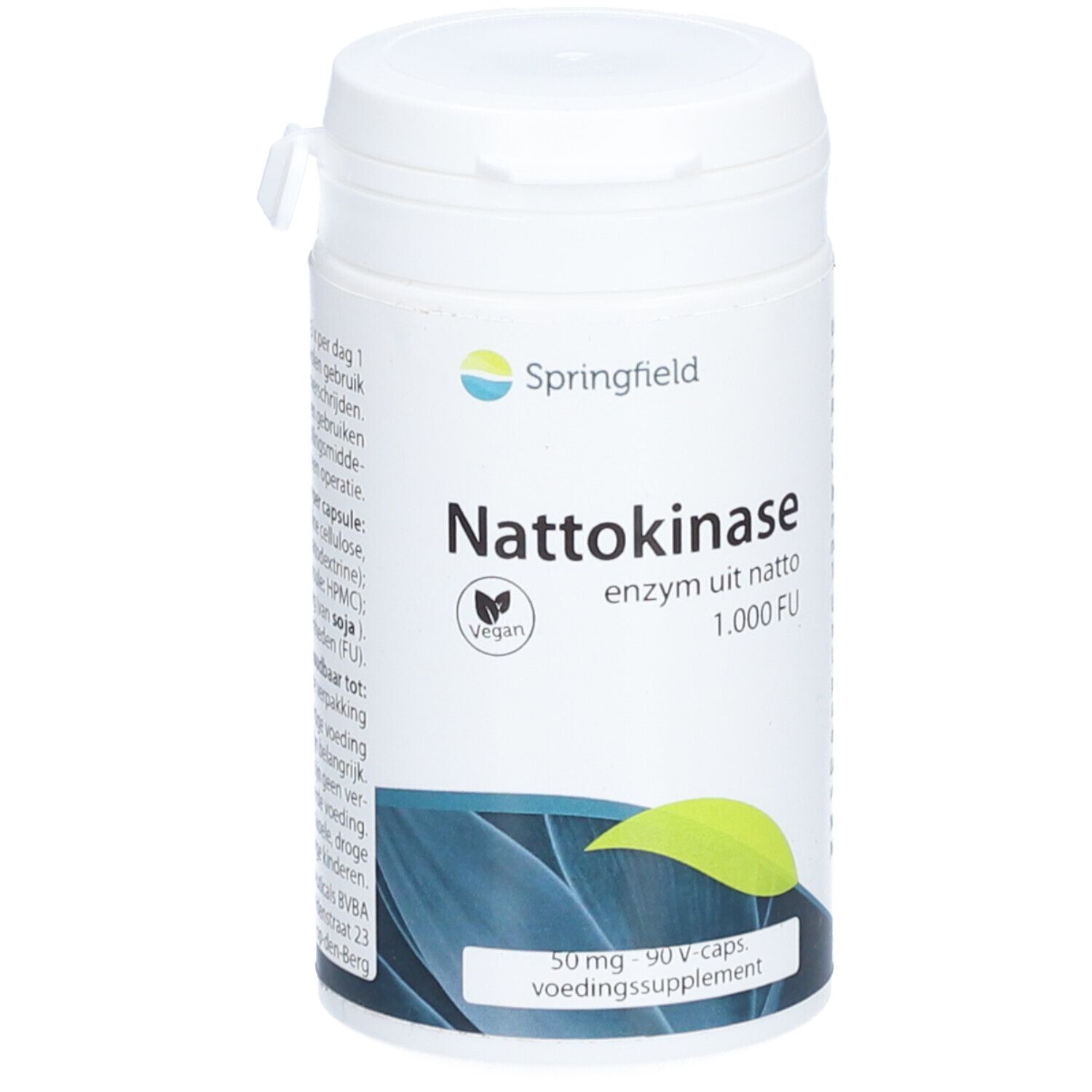 Weiße Dose mit Aufschrift Springfield Nattokinase, 1.000 FU, vegan. Enthält 90 Kapseln.