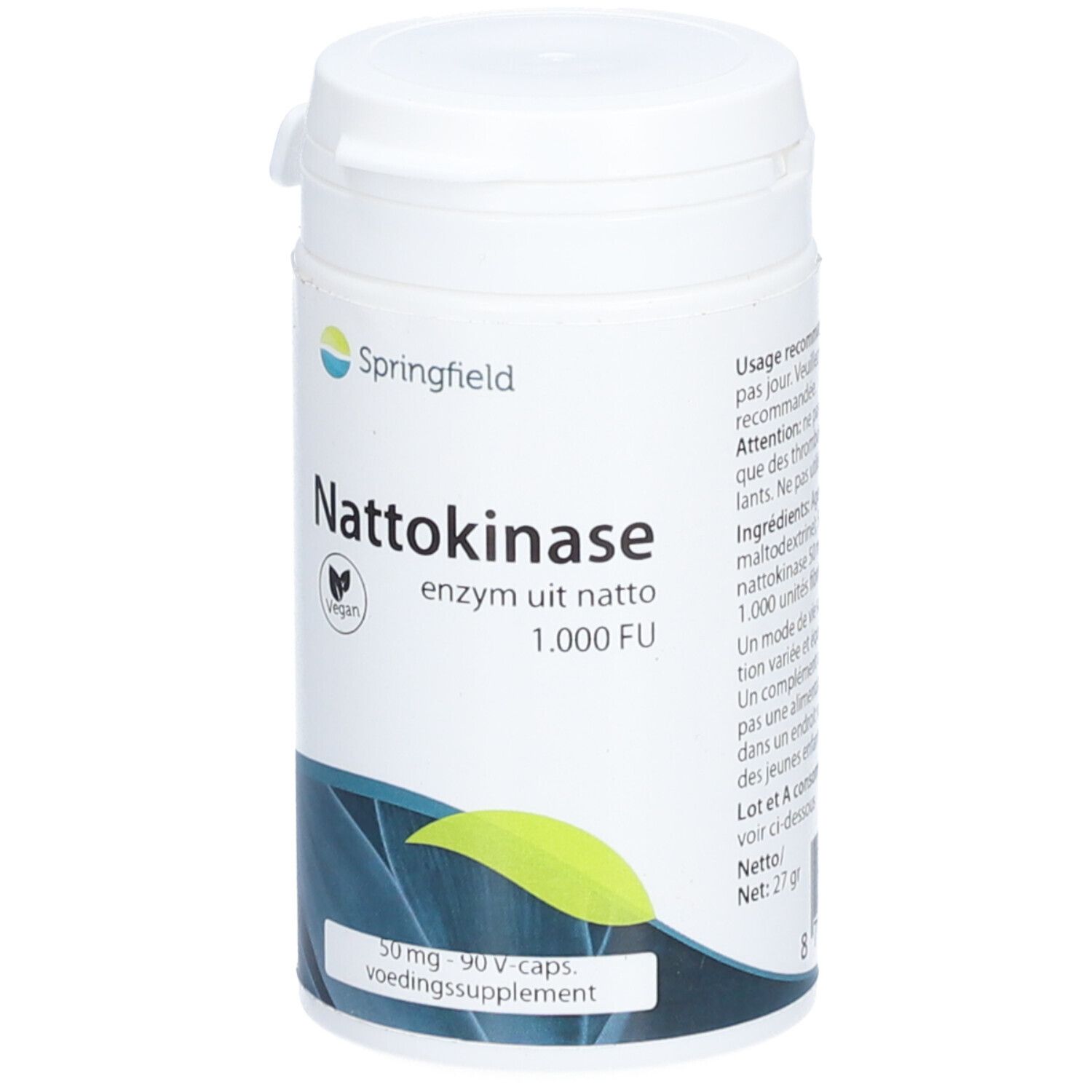 Weiße Dose mit Aufschrift Springfield Nattokinase, 1.000 FU, vegan. Enthält 90 Kapseln. Nettogewicht 27g.