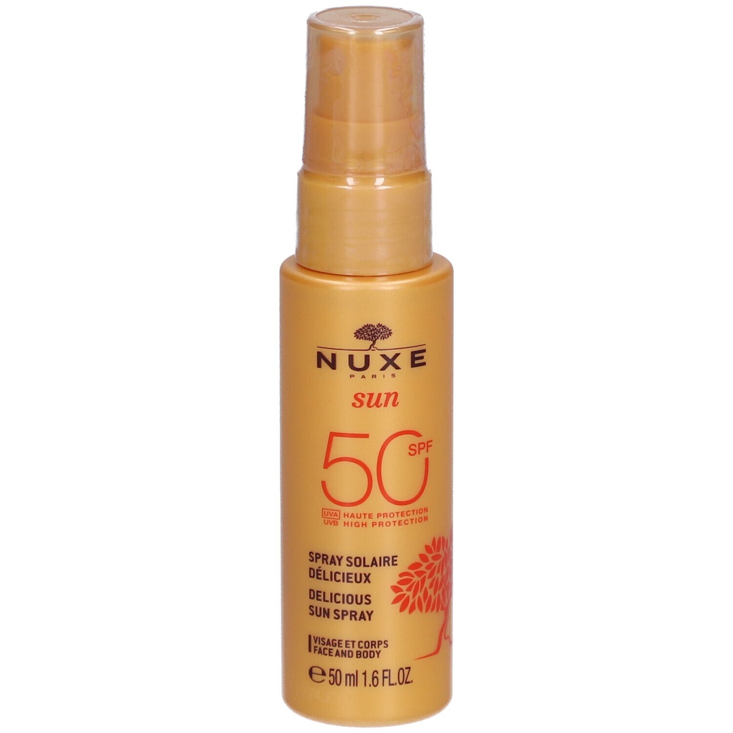 Nuxe Sun Sonnenspray LSF 50, 50ml Flasche mit Pumpspender.