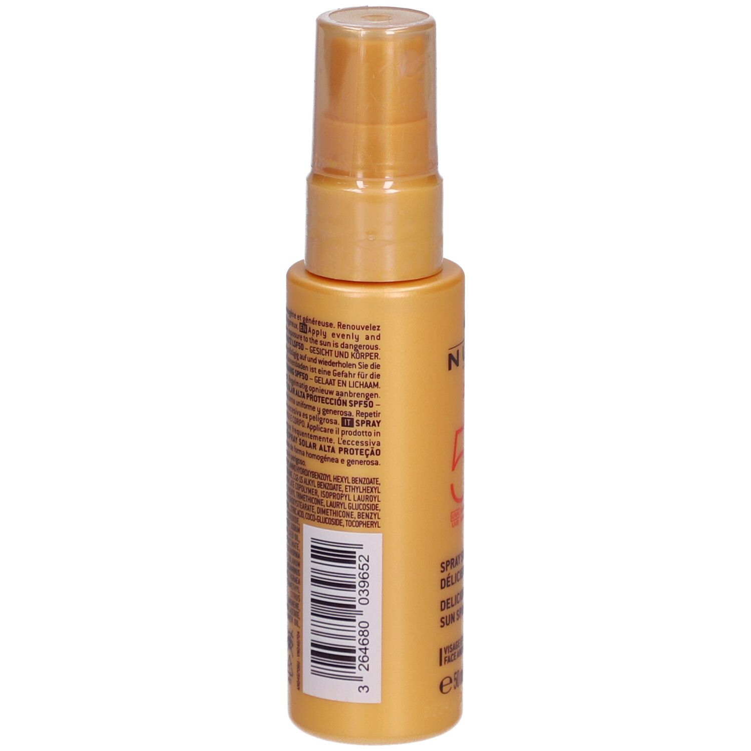 Rückseite Nuxe Sun Sonnenspray LSF 50, 50ml Flasche mit Pumpspender und Inhaltsstoffen.