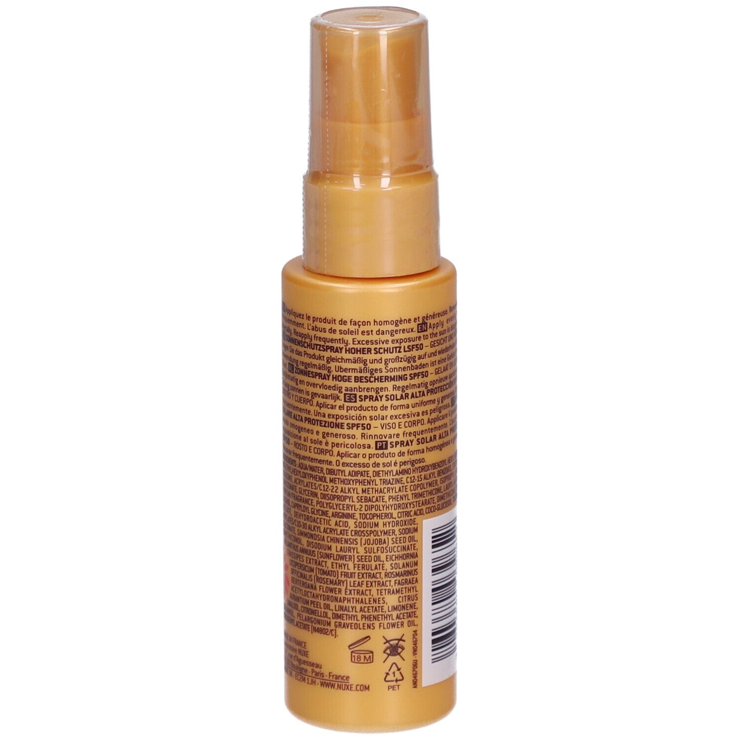 Rückseite Nuxe Sun Sonnenspray LSF 50, 50ml Flasche mit Pumpspender und Anwendungshinweisen.