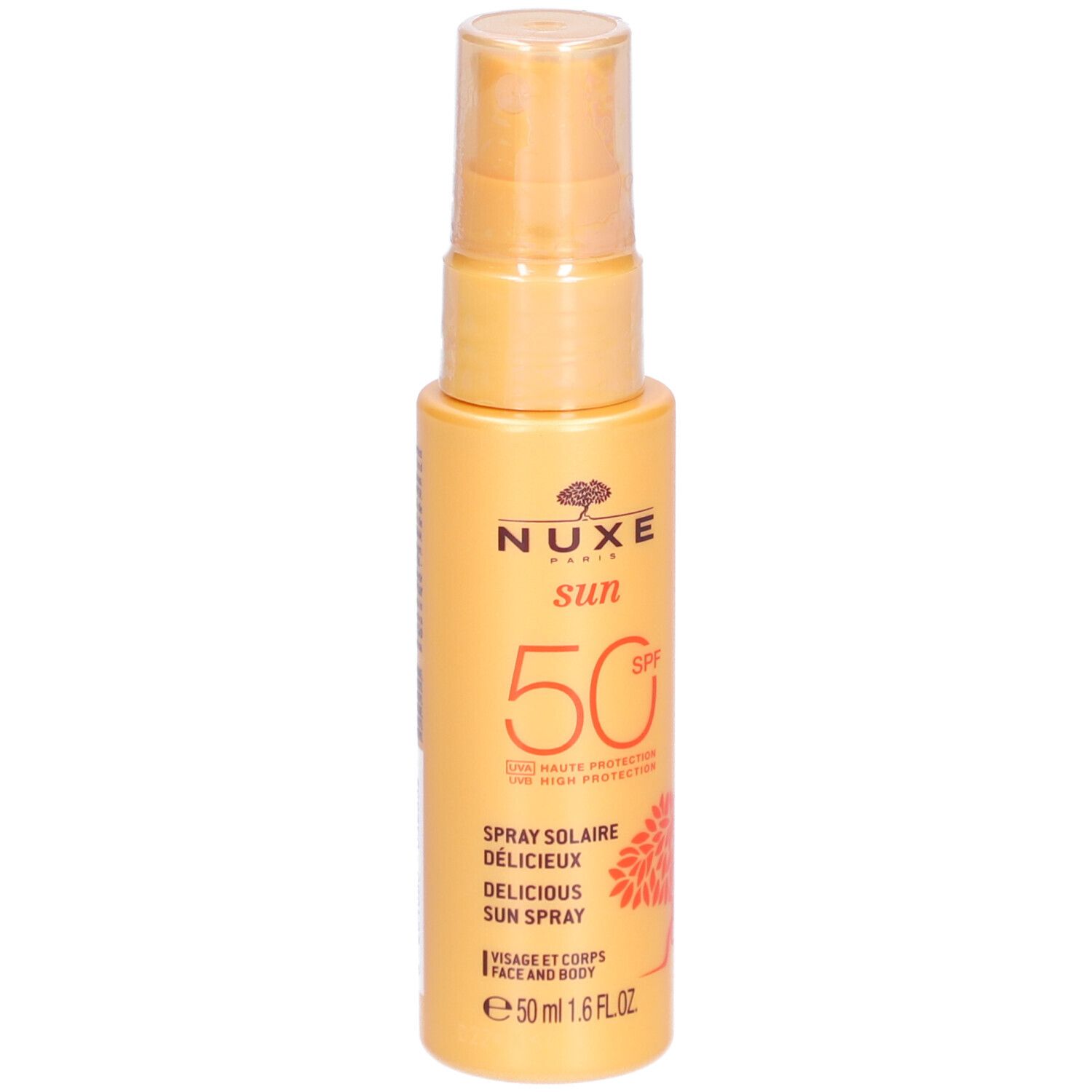 Nuxe Sun Sonnenspray LSF 50, 50ml Flasche mit Pumpspender.