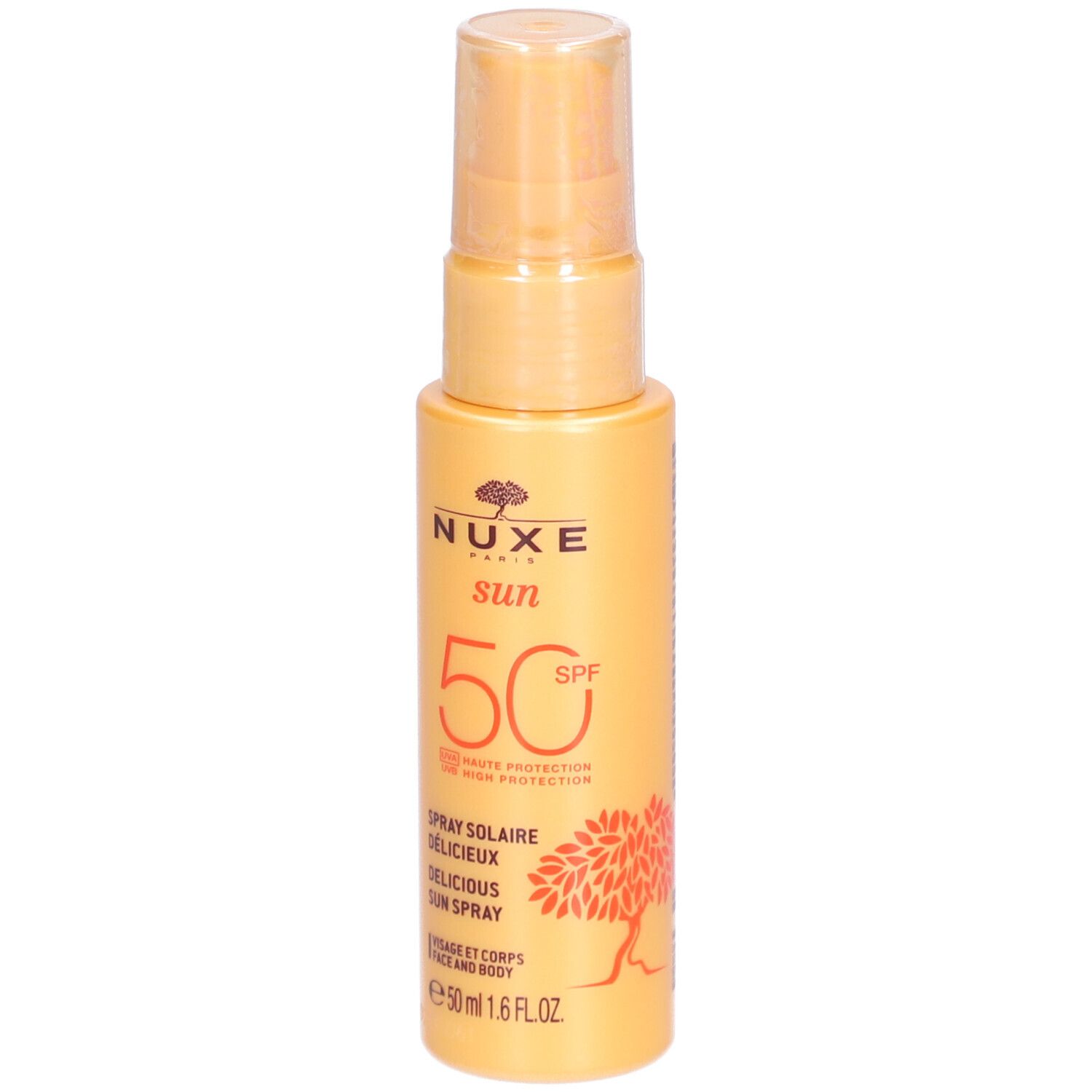 Nuxe Sun Sonnenspray LSF 50, 50ml Flasche mit Pumpspender.