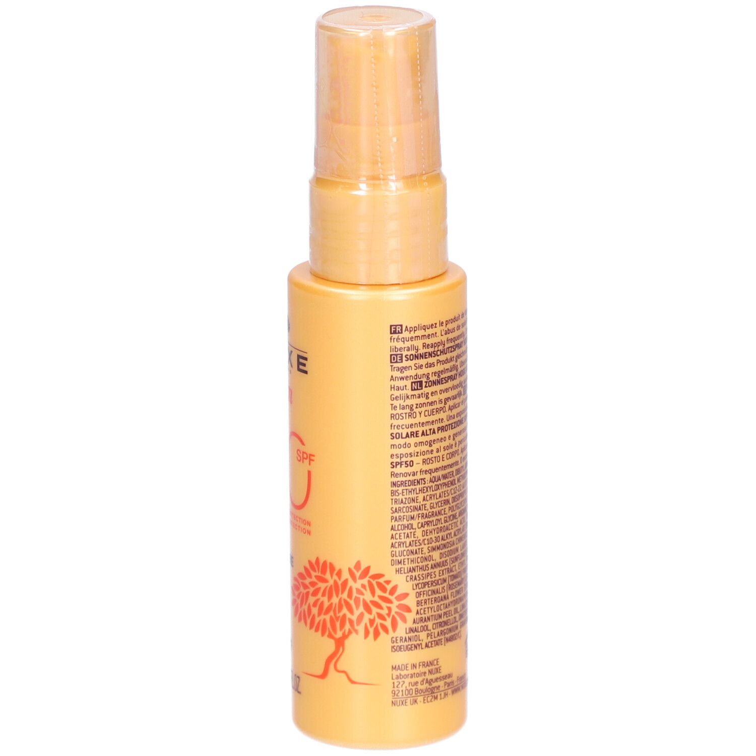 Nuxe Sun Sonnenspray LSF 50, 50ml Flasche mit Pumpspender und Inhaltsstoffen.