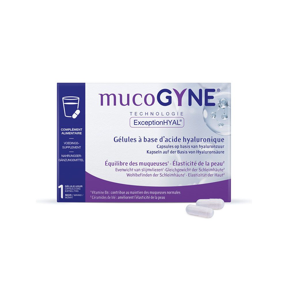 Boîte de gélules. Inscription: MUCOGYNE, Technologie ExceptionHYAL. Gélules à base d'acide hyaluronique.