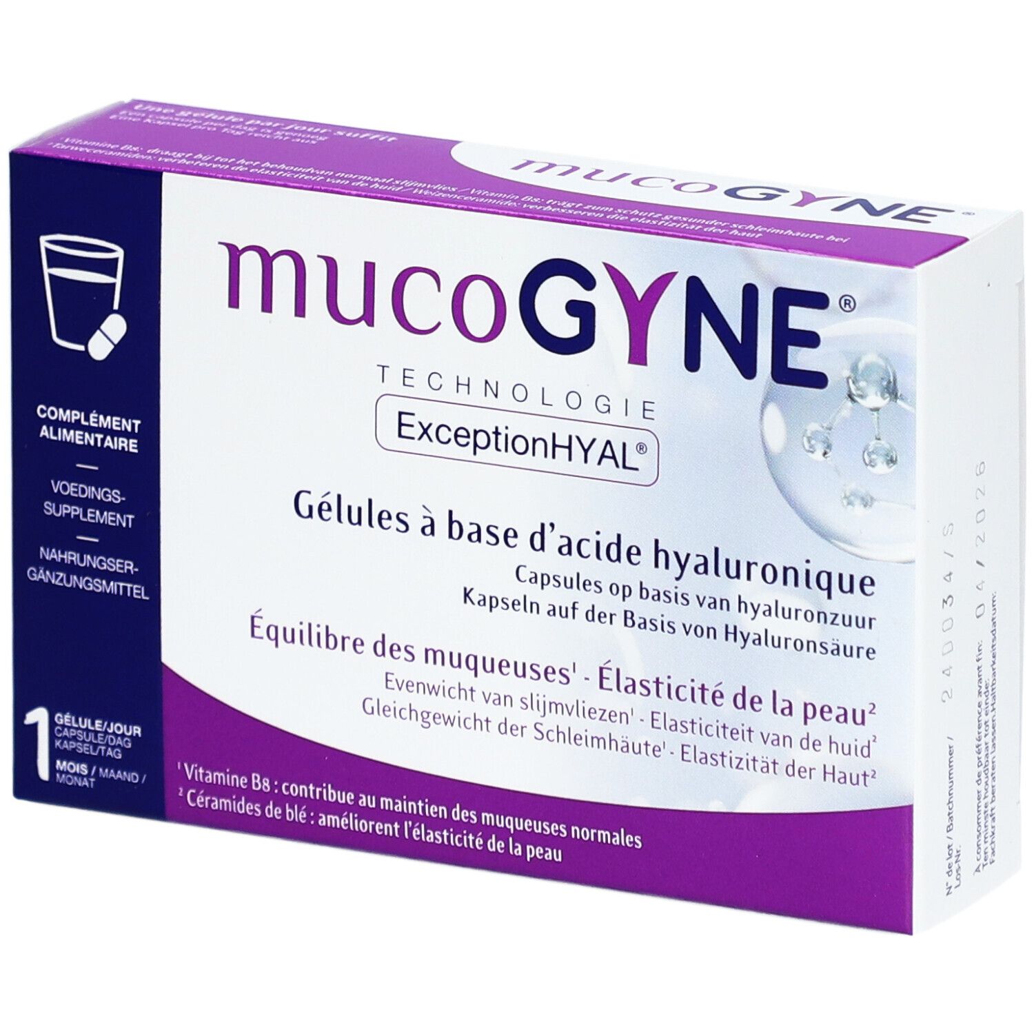 Boîte de gélules. Inscription: MUCOGYNE, Technologie ExceptionHYAL. Gélules à base d'acide hyaluronique.