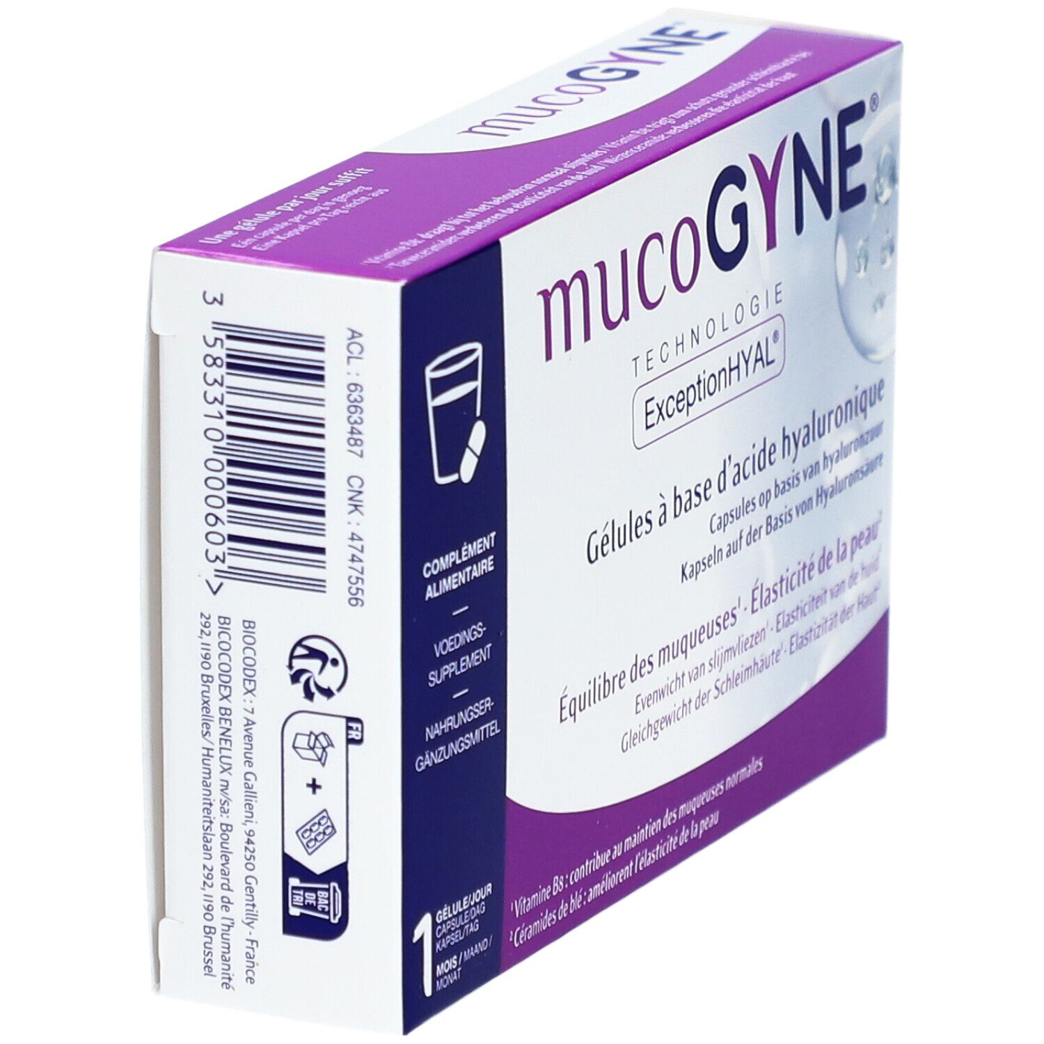 Graphique avec ingrédients. Inscription: MUCOGYNE. Acide hyaluronique, Vitamine B8, Céramides de blé.