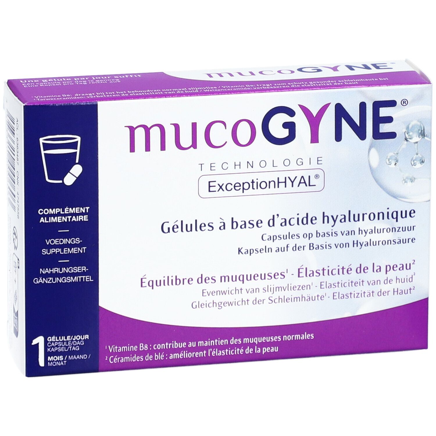 Dos de la boîte. Inscription: MUCOGYNE. Informations, ingrédients, conseils d'utilisation.