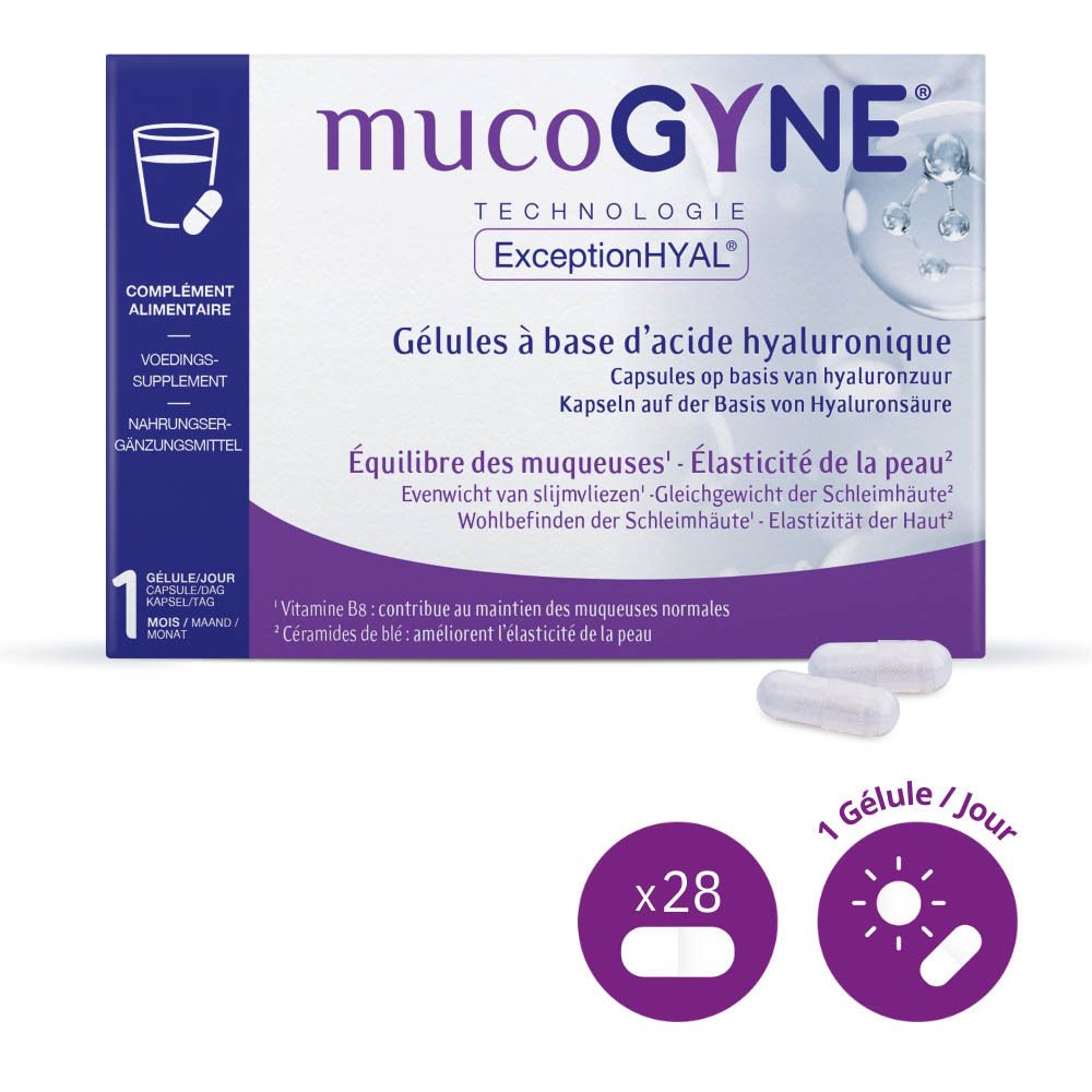 Boîte de gélules. Inscription: MUCOGYNE, Technologie ExceptionHYAL. Gélules à base d'acide hyaluronique.
