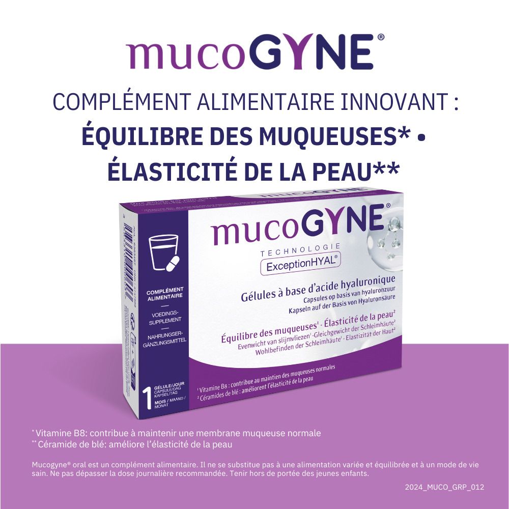 Boîte de gélules. Inscription: MUCOGYNE, Technologie ExceptionHYAL. Gélules à base d'acide hyaluronique.