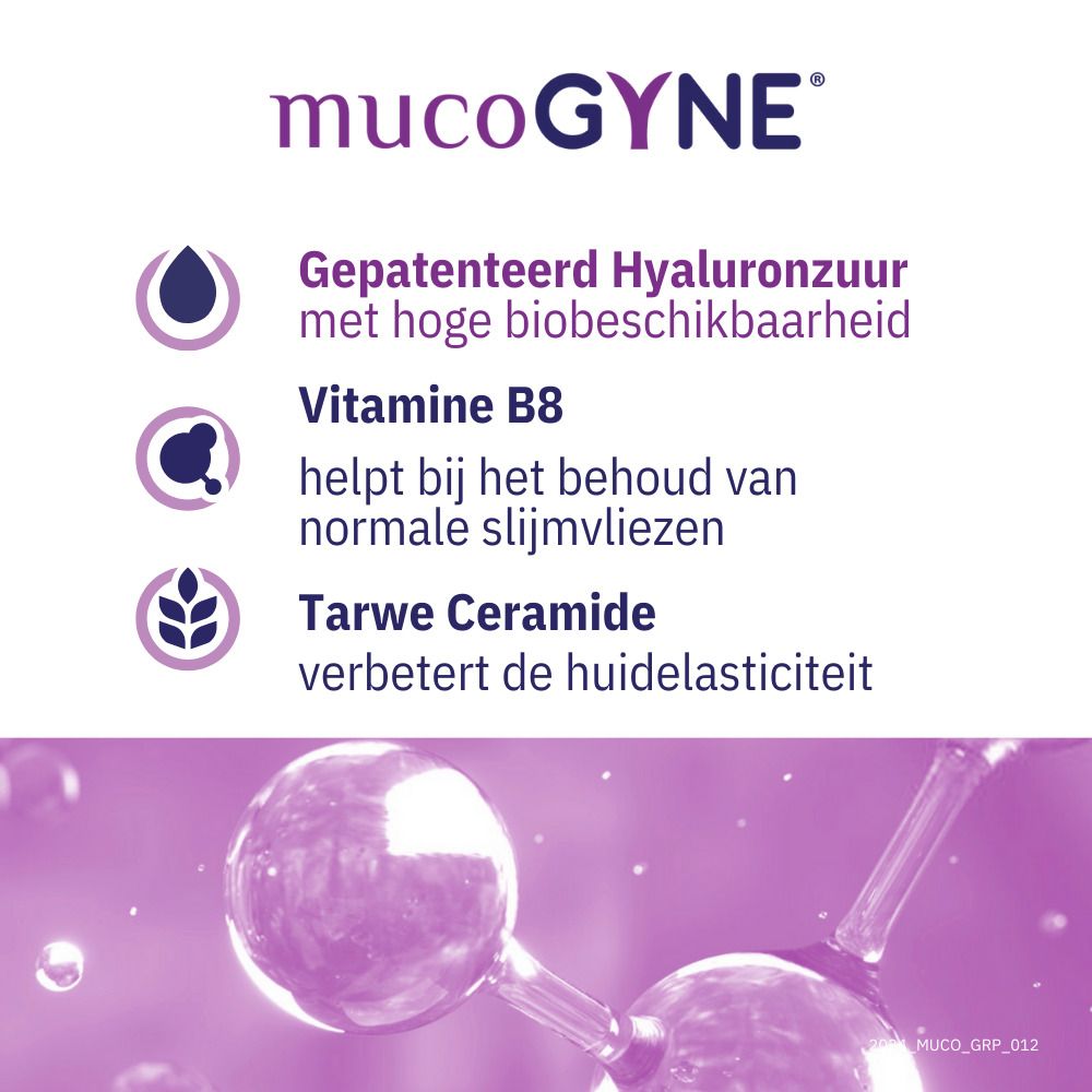 Doosje capsules. Opschrift: MUCOGYNE, Technologie ExceptionHYAL. Capsules op basis van hyaluronzuur.