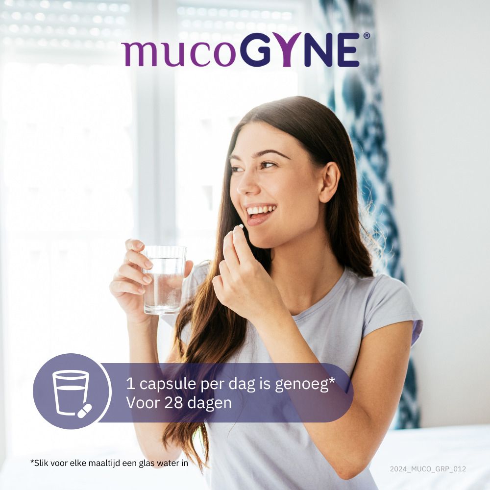 Doosje capsules. Opschrift: MUCOGYNE, Technologie ExceptionHYAL. Capsules op basis van hyaluronzuur.